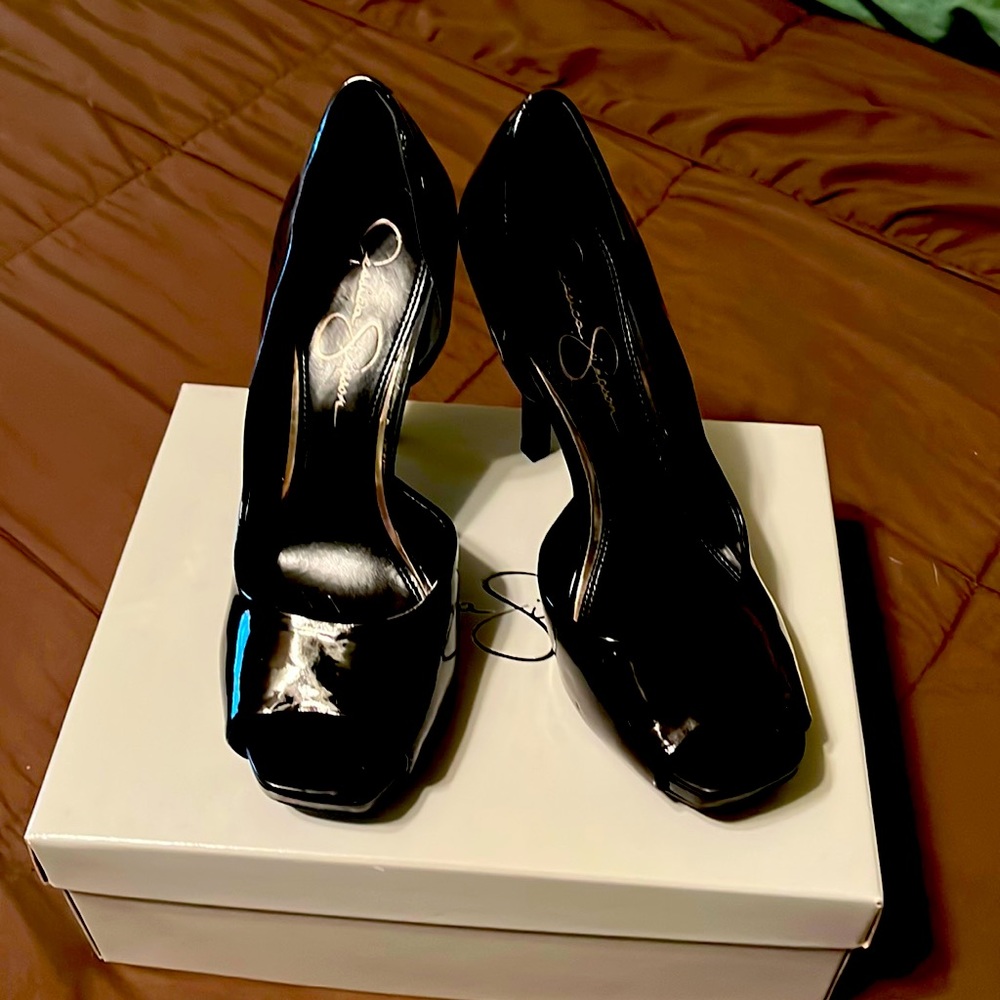 Jessica Simpson open toe black heels. Gently worn